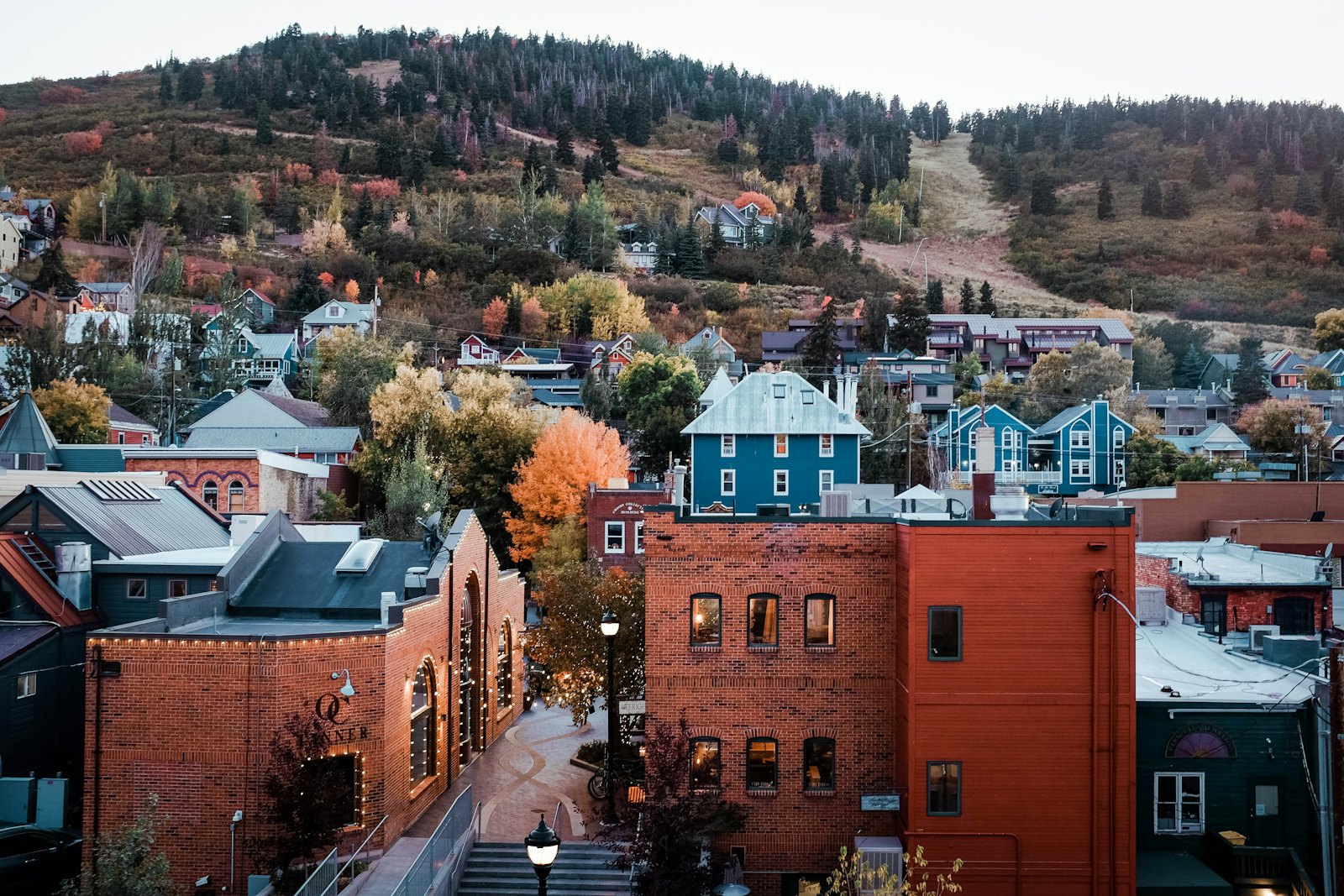 Brick buildings on Main Street in Park City in evening light.